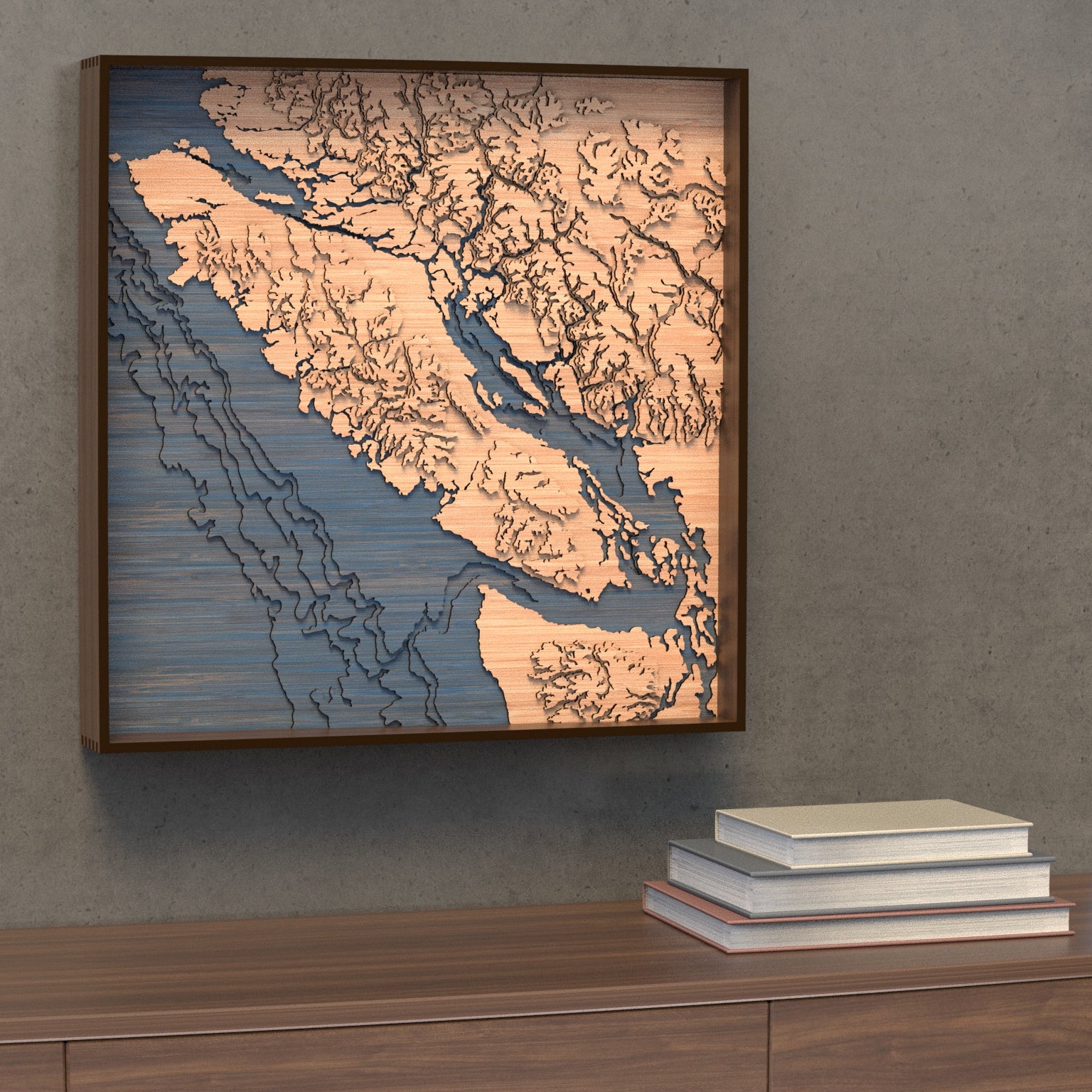 vancouver island topographic wood map styled
