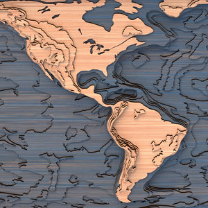 world topographic wood map closeup