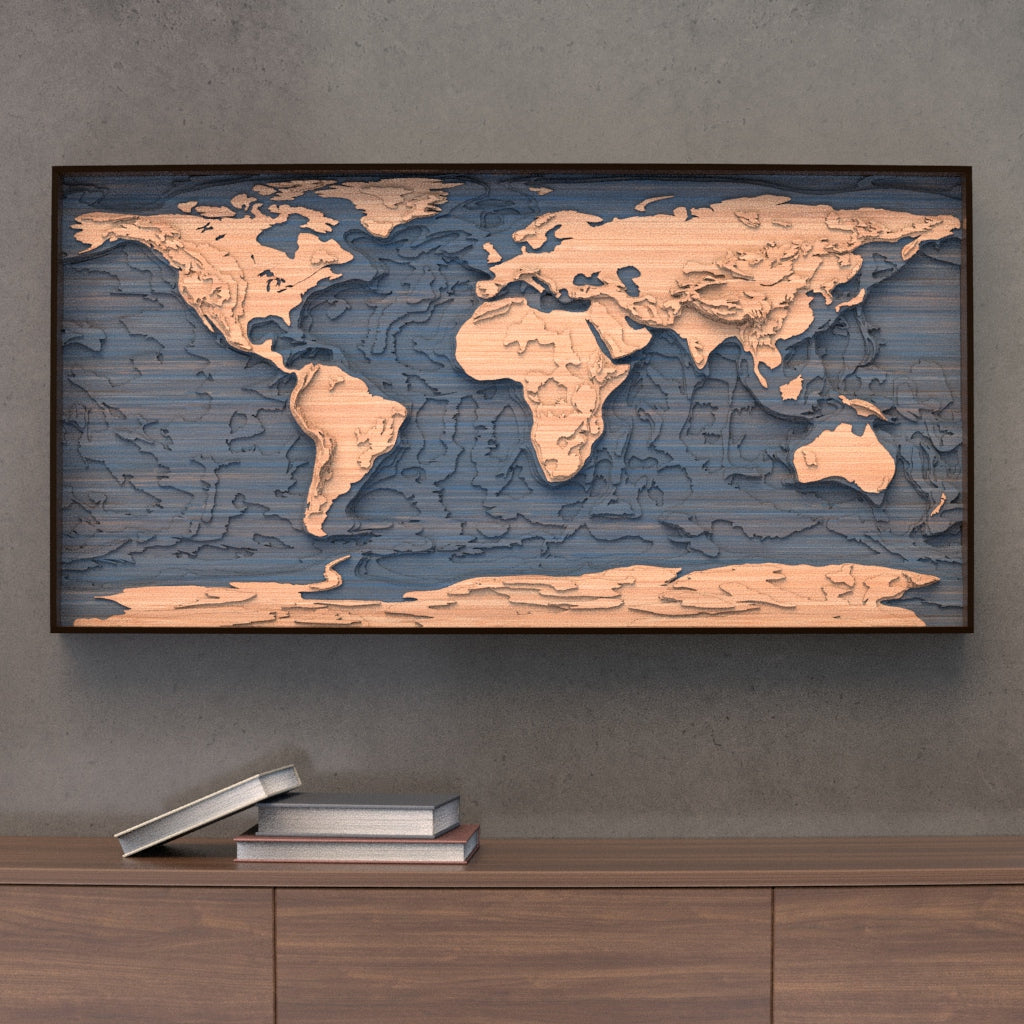 world topographic wood map styled